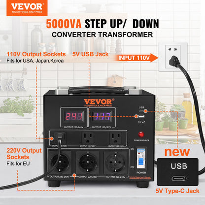 Volt Converter Transformer, 5000VA, Heavy Duty Step Up/Down Transformer, Convert from 110 Volt to 220 Volt and from 220 Volt to 110 Volt, with US Outlet EU Outlet 5V USB Port, CE Certified