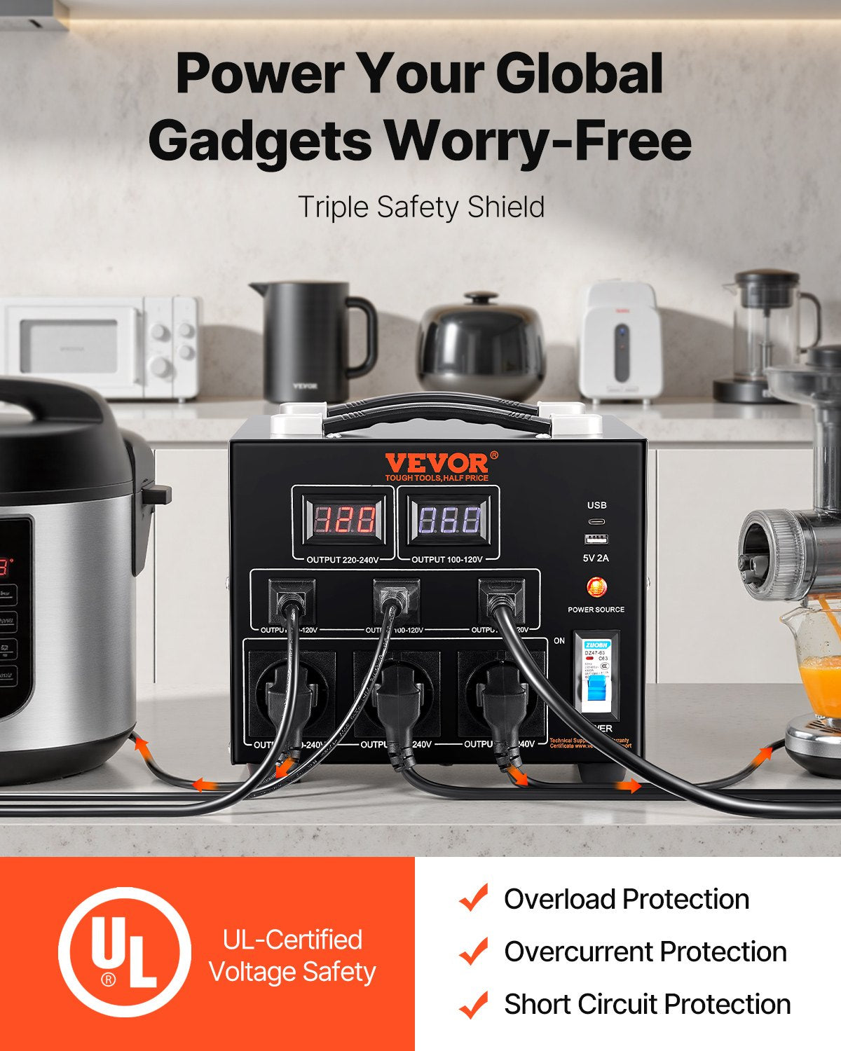 Power Converter, 3000W, Durable Step Up/Down Unit, Switches between 110V and 220V, Includes US and EU Outlets plus 5V USB, CE Approved