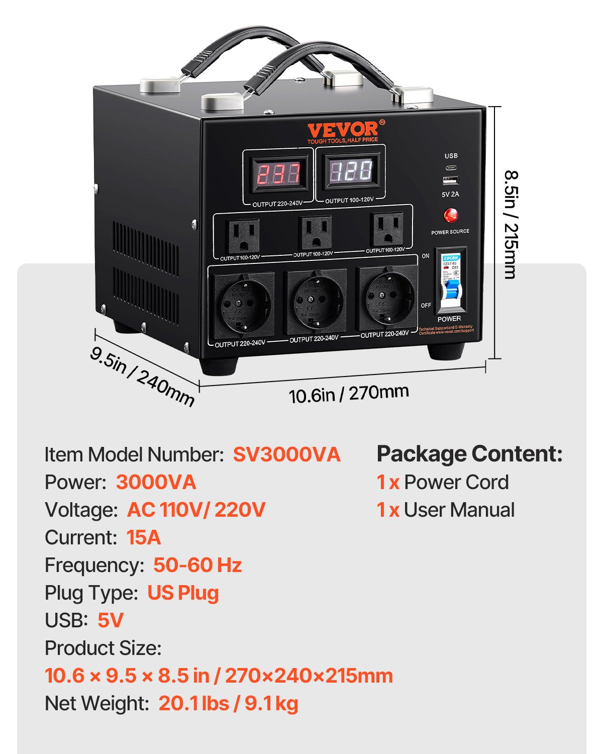 Power Converter, 3000W, Durable Step Up/Down Unit, Switches between 110V and 220V, Includes US and EU Outlets plus 5V USB, CE Approved