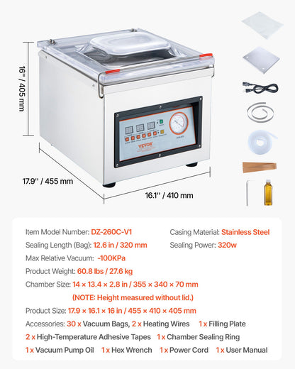 Chamber Vacuum Sealer, 320W Sealing Power, Vacuum Packing Machine for Wet Foods, Meats, Marinades and More, Compact Size with 12.6 in Sealing Length, Applied in Home Kitchen and Commercial Use