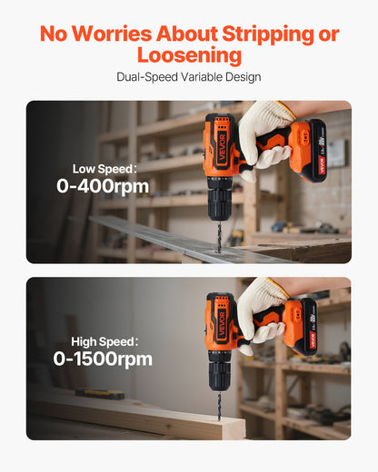 Cordless Drill Driver, 1/2 inch Metal Chuck, Dual-Speed Variable, Drill Driver Kit with Lithium Battery and Charger, Belt Clip, for Wood and Metal Drilling, Screw Tightening or Loosening