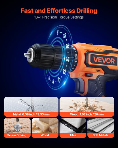 Cordless Drill Driver, 1/2 inch Metal Chuck, Dual-Speed Variable, Drill Driver Kit with Lithium Battery and Charger, Belt Clip, for Wood and Metal Drilling, Screw Tightening or Loosening