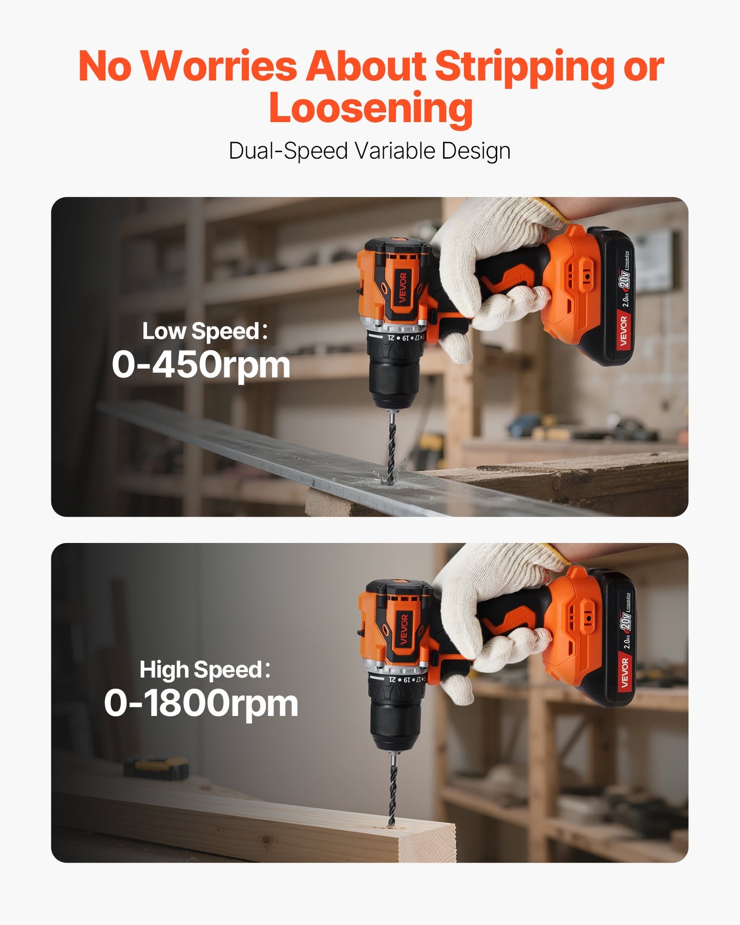 Cordless Drill Driver, 1/2 inch Metal Chuck, Brushless Motor, Dual-Speed Variable, Drill Driver Kit with Lithium Battery and Charger, Tool Box, for Wood and Metal Drilling, Screw Driving