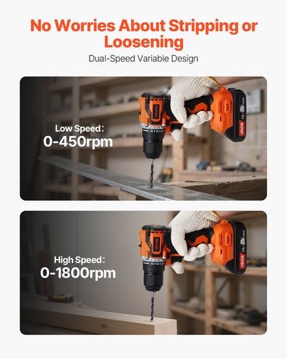 Cordless Drill Driver, 1/2 inch Metal Chuck, Brushless Motor, Dual-Speed Variable, Drill Driver Kit with Lithium Battery and Charger, Tool Box, for Wood and Metal Drilling, Screw Driving