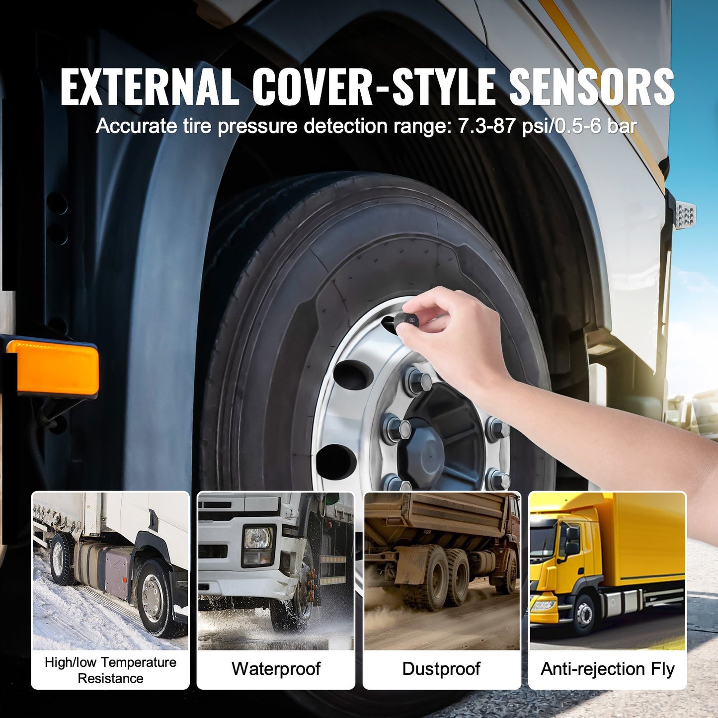 RV Tire Pressure Monitoring System, 7.3-116 PSI Trailer TPMS, Universal Wireless Car Alarm System, Waterproof TPMS Sensors Set with Solar Charge, 6 Sensors, 5 Alarm Modes, and Real-time Display