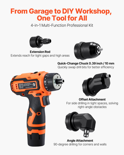 Cordless Drill Driver, 5-In-1, Metal Chuck, Dual-Speed Variable, Drill Driver Kit with 2 Lithium Batteries and Charger, Tool Box, for Wood and Metal Drilling, Screw Tightening or Loosening