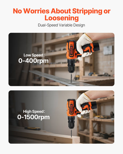 Cordless Drill Driver, 5-In-1, Metal Chuck, Dual-Speed Variable, Drill Driver Kit with 2 Lithium Batteries and Charger, Tool Box, for Wood and Metal Drilling, Screw Tightening or Loosening