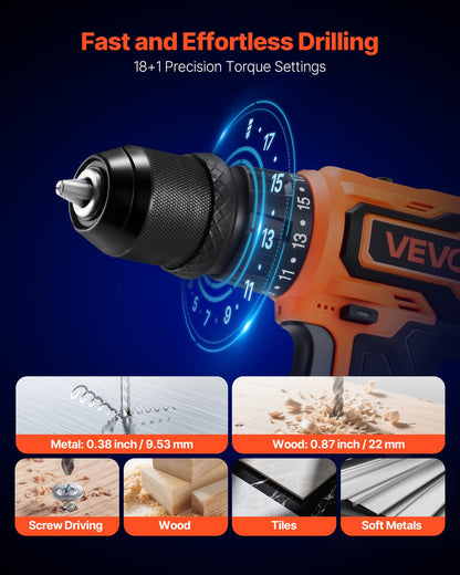 Cordless Drill Driver, 5-In-1, Metal Chuck, Dual-Speed Variable, Drill Driver Kit with 2 Lithium Batteries and Charger, Tool Box, for Wood and Metal Drilling, Screw Tightening or Loosening