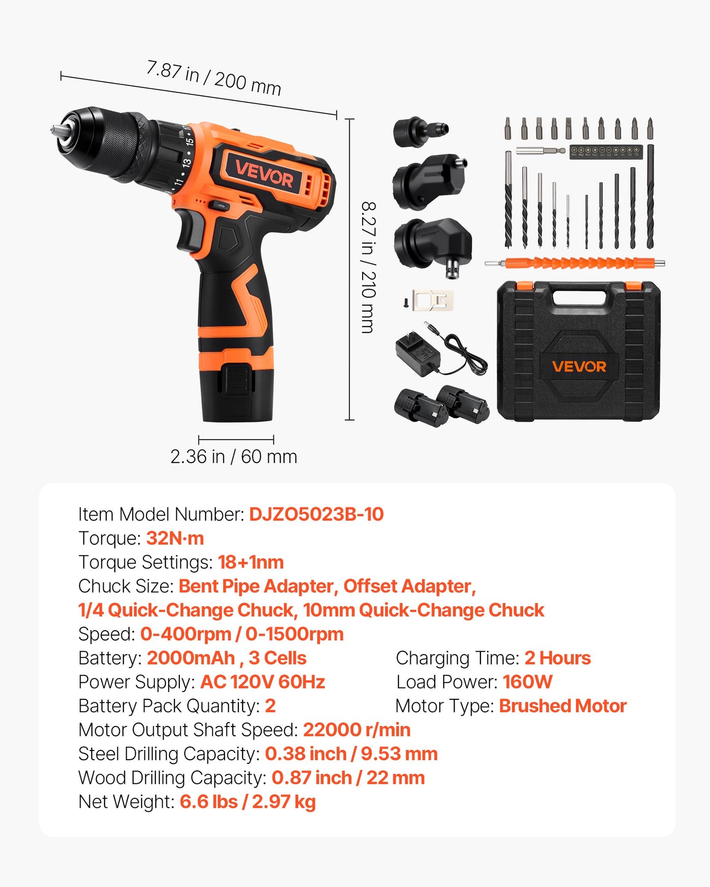 Cordless Drill Driver, 5-In-1, Metal Chuck, Dual-Speed Variable, Drill Driver Kit with 2 Lithium Batteries and Charger, Tool Box, for Wood and Metal Drilling, Screw Tightening or Loosening