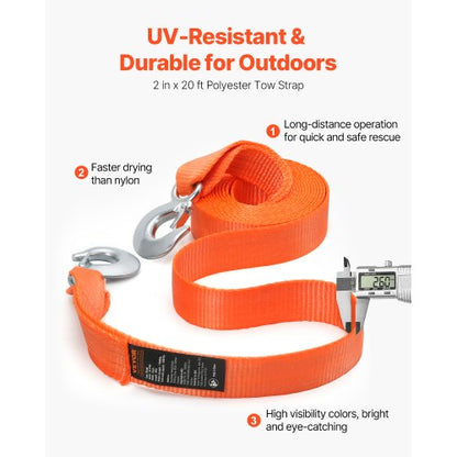 Tow Strap Rope 17000 lbs 20 ft Car Tow Cable with 2 Hooks Heavy Duty | EU