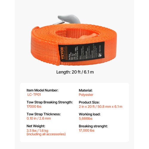 Tow Strap Rope 17000 lbs 20 ft Car Tow Cable with 2 Hooks Heavy Duty | EU