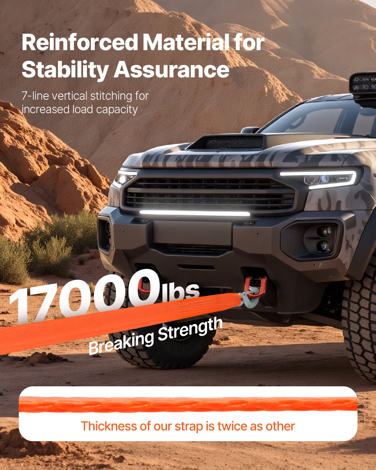 ATV Tow Strap with Hooks, 2-inch x 20-foot, 17000 lbs Capacity, Durable Recovery Rope with Security Hooks for Trucks and Vehicles, Essential Towing Accessory for Roadside Assistance