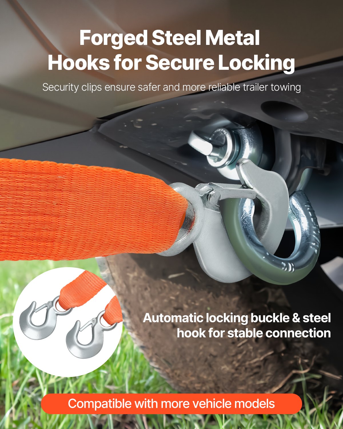 ATV Tow Strap with Hooks, 2-inch x 20-foot, 17000 lbs Capacity, Durable Recovery Rope with Security Hooks for Trucks and Vehicles, Essential Towing Accessory for Roadside Assistance