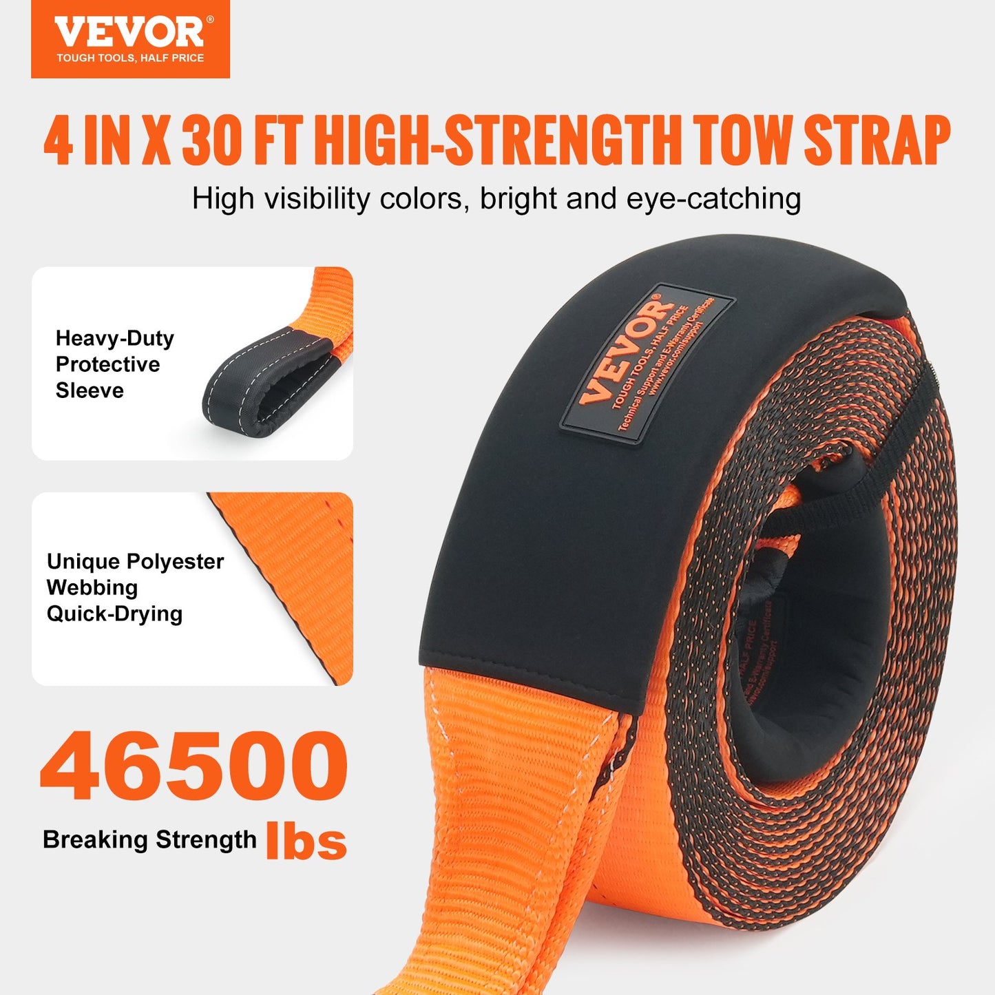 Recovery Drag Strap 4" x 30', 46,500 lbs Wide Strength, Triple Reinforced Loop Strap, Tree Saver, Off Road Towing and Recovery, Extreme Weather Resistance, Protective Sleeves and Storage Bag