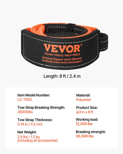 Recovery Tow Strap 3 inches, 8 feet 36,000 lbs Break Strength, Triple Reinforced Loop Straps, Tree Saver, Winch Line Extension Strap, Off Road Towing and Recovery, Extreme Weather Resistance