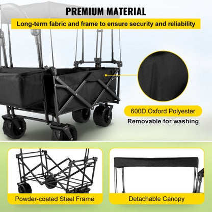 foldable trolley cart Black foldable trolley cart removable canopy 600D Oxford fabric foldable trolley oversized wheels Portable foldable trolley adjustable handles for beach, garden, sports | EU