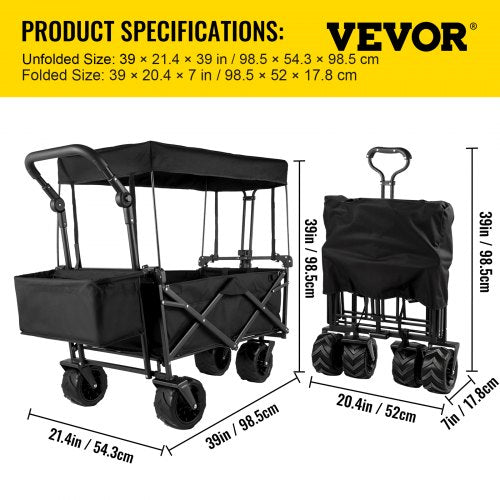 foldable trolley cart Black foldable trolley cart removable canopy 600D Oxford fabric foldable trolley oversized wheels Portable foldable trolley adjustable handles for beach, garden, sports | EU