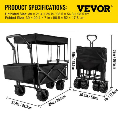 foldable trolley cart Black foldable trolley cart removable canopy 600D Oxford fabric foldable trolley oversized wheels Portable foldable trolley adjustable handles for beach, garden, sports | EU