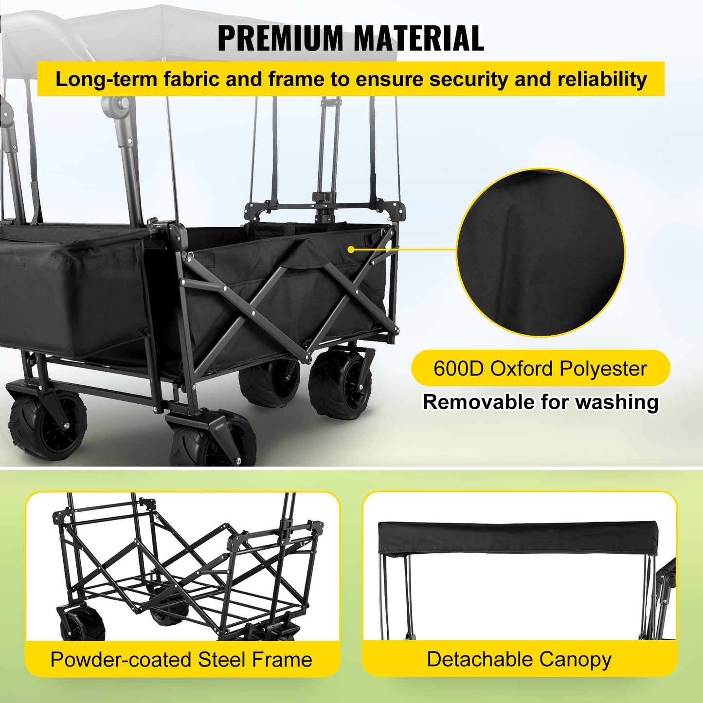 Extra Large Collapsible Garden Cart with Removable Canopy, Folding Wagon Utility Carts with Wheels and Rear Storage, Wagon Cart for Garden, Camping, Grocery Cart, Shopping Cart, Black