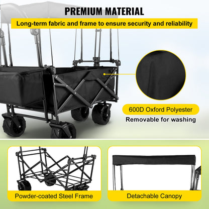 Extra Large Collapsible Garden Cart with Removable Canopy, Folding Wagon Utility Carts with Wheels and Rear Storage, Wagon Cart for Garden, Camping, Grocery Cart, Shopping Cart, Black