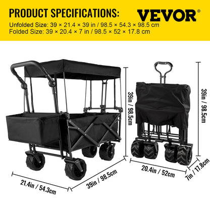Extra Large Collapsible Garden Cart with Removable Canopy, Folding Wagon Utility Carts with Wheels and Rear Storage, Wagon Cart for Garden, Camping, Grocery Cart, Shopping Cart, Black
