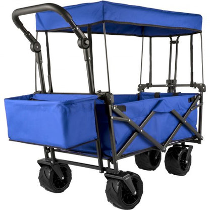 Extra Large Collapsible Garden Cart with Removable Canopy, Folding Wagon Utility Carts with Wheels and Rear Storage, Wagon Cart for Garden, Camping, Grocery Cart, Shopping Cart, Blue