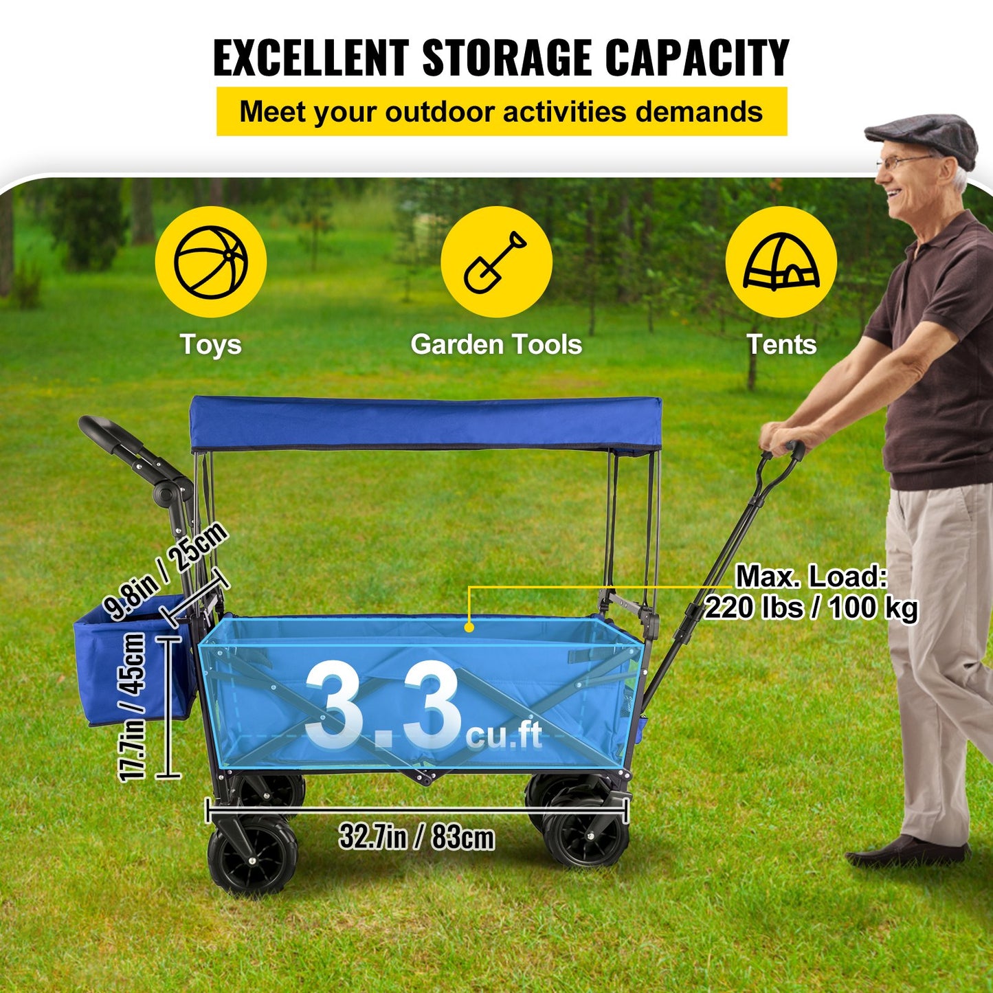 Faltbarer Trolley, Faltbarer Trolley mit Abnehmbarem Baldachin 600D Oxford-Gewebe, Faltbarer Trolley Übergroße Räder Tragbare Falttrolleys Verstellbare Griffe, für Strand, Garten, Sport, Blau