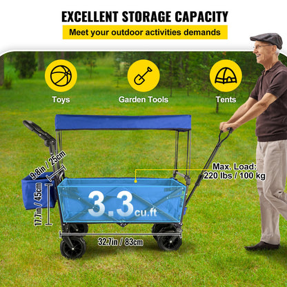Faltbarer Trolley, Faltbarer Trolley mit Abnehmbarem Baldachin 600D Oxford-Gewebe, Faltbarer Trolley Übergroße Räder Tragbare Falttrolleys Verstellbare Griffe, für Strand, Garten, Sport, Blau
