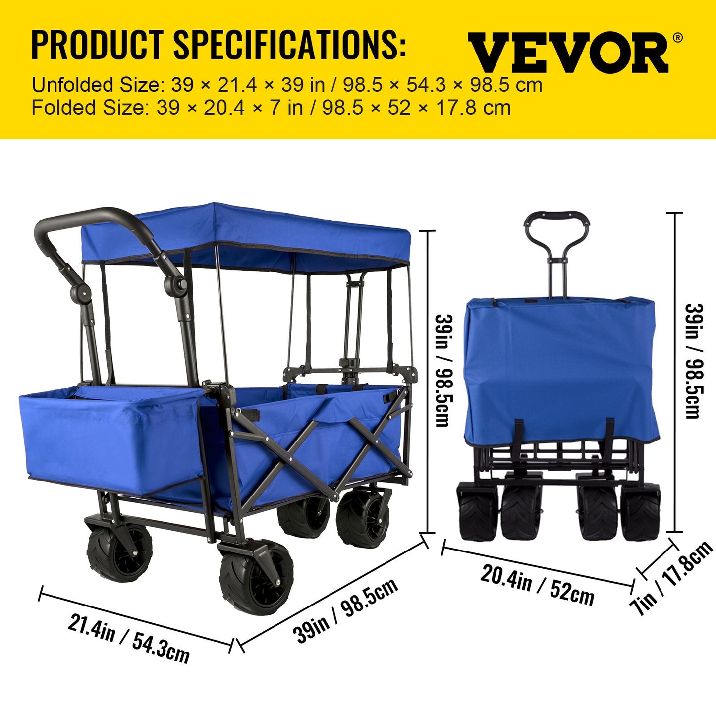 Faltbarer Trolley, Faltbarer Trolley mit Abnehmbarem Baldachin 600D Oxford-Gewebe, Faltbarer Trolley Übergroße Räder Tragbare Falttrolleys Verstellbare Griffe, für Strand, Garten, Sport, Blau