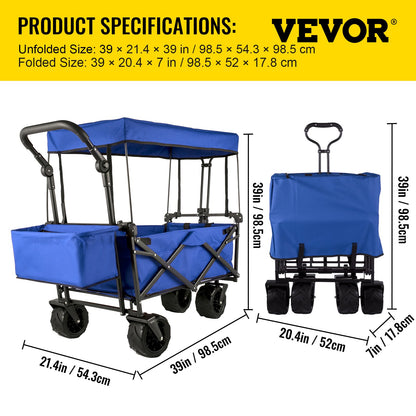 Extra Large Collapsible Garden Cart with Removable Canopy, Folding Wagon Utility Carts with Wheels and Rear Storage, Wagon Cart for Garden, Camping, Grocery Cart, Shopping Cart, Blue