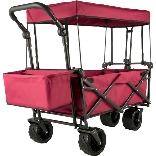 Extra Large Collapsible Garden Cart with Removable Canopy, Folding Wagon Utility Carts with Wheels and Rear Storage, Wagon Cart for Garden, Camping, Grocery Cart, Shopping Cart, Red