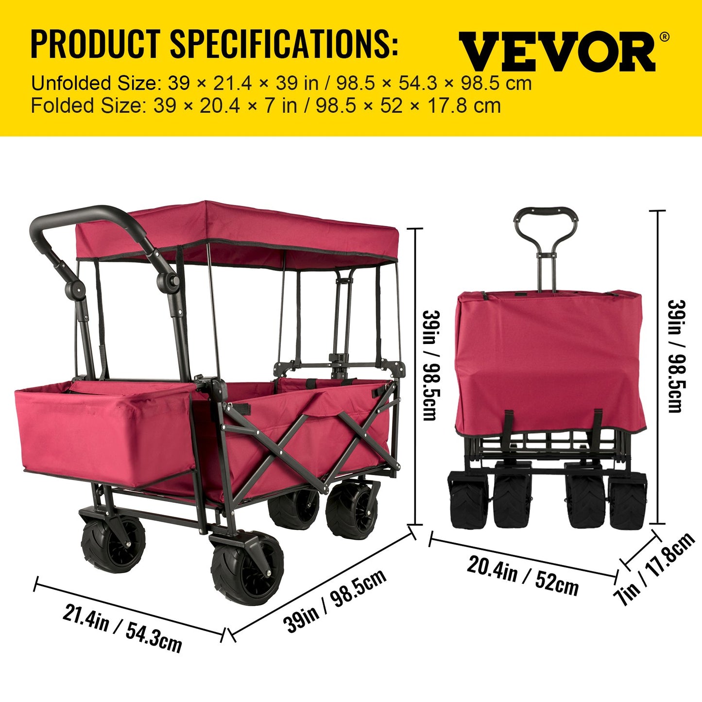 Faltbarer Trolley, Faltbarer Trolley mit abnehmbarem Baldachin 600D Oxford-Gewebe, Faltbarer Trolley Übergroße Räder Tragbarer Faltbarer Trolley Verstellbare Griffe, für Strand, Garten, Sport, Rot