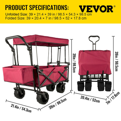 Faltbarer Trolley, Faltbarer Trolley mit abnehmbarem Baldachin 600D Oxford-Gewebe, Faltbarer Trolley Übergroße Räder Tragbarer Faltbarer Trolley Verstellbare Griffe, für Strand, Garten, Sport, Rot