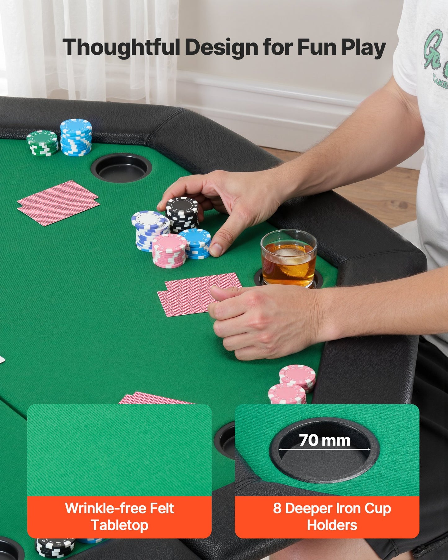 Foldable Poker Table, 8 Player 48 in Folding Casino Leisure Table with Padded Rails & Cup Holders, Octagonal Portable Game Tables with Felt & Metal Legs, for Texas Hold'em Game and Blackjack