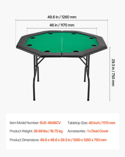 Foldable Poker Table, 8 Player 48 in Folding Casino Leisure Table with Padded Rails & Cup Holders, Octagonal Portable Game Tables with Felt & Metal Legs, for Texas Hold'em Game and Blackjack
