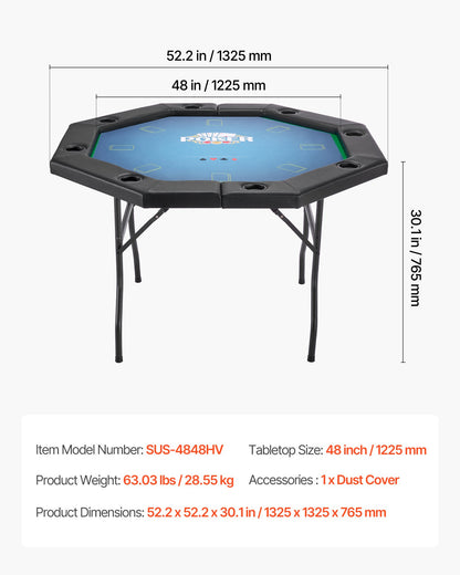 Foldable Poker Table, 8 Player 48 in Folding Casino Leisure Table with Padded Rails & Cup Holders, Octagonal Portable Game Tables with Felt & Metal Legs, for Texas Hold'em Game and Blackjack