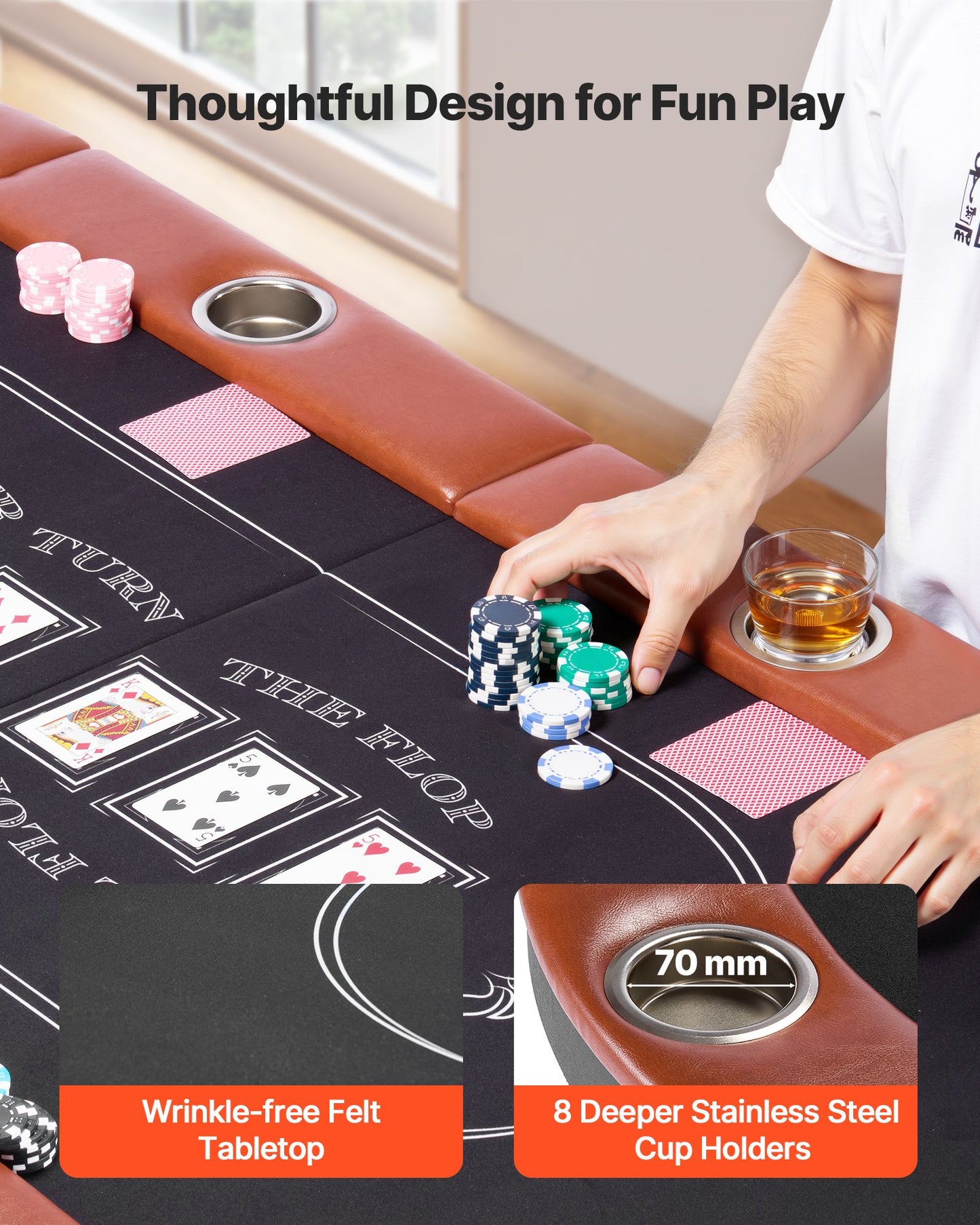 Foldable Poker Table, 8 Player 72 in Folding Casino Leisure Table with Padded Rails and Cup Holders, Oval Portable Game Tables with Felt & Metal Legs, for Texas Hold'em Game and Blackjack