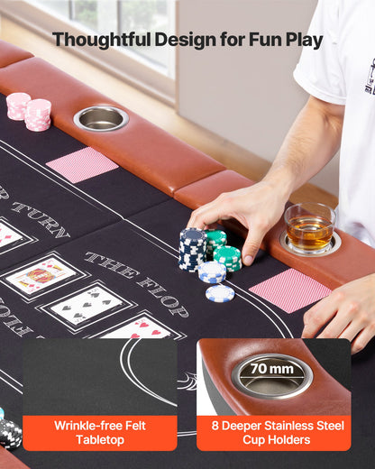 Foldable Poker Table, 8 Player 72 in Folding Casino Leisure Table with Padded Rails and Cup Holders, Oval Portable Game Tables with Felt & Metal Legs, for Texas Hold'em Game and Blackjack