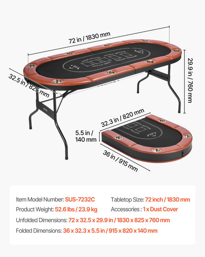 Foldable Poker Table, 8 Player 72 in Folding Casino Leisure Table with Padded Rails and Cup Holders, Oval Portable Game Tables with Felt & Metal Legs, for Texas Hold'em Game and Blackjack