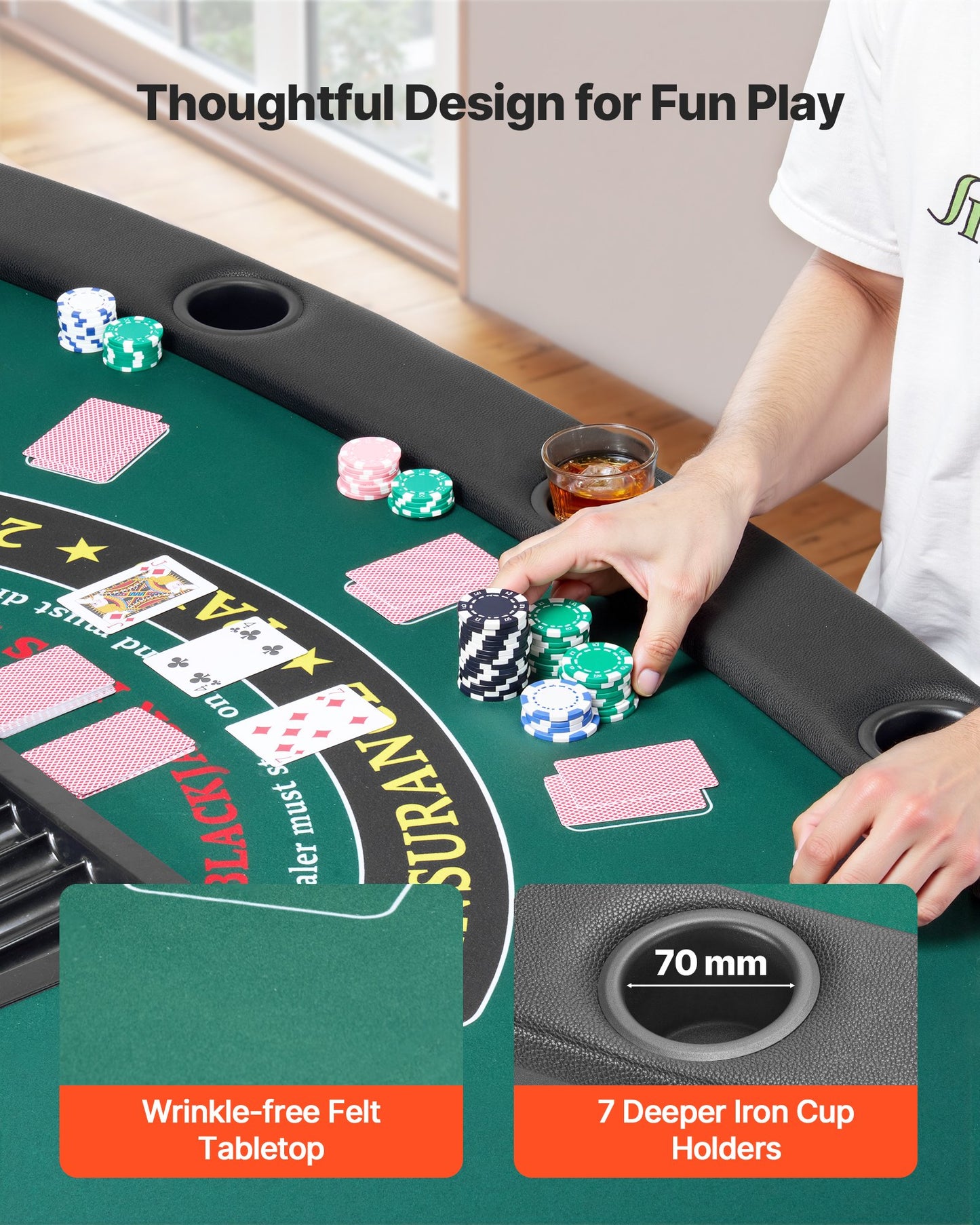 Foldable Poker Table, 7 Player 72 in Folding Casino Leisure Table with Padded Rails & Cup Holders, Semi-oval Portable Game Tables with Felt & Metal Legs, for Texas Hold'em Game and Blackjack