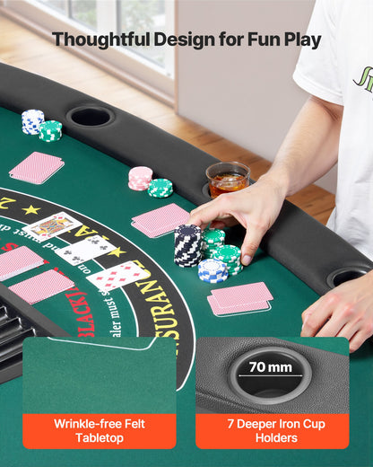Foldable Poker Table, 7 Player 72 in Folding Casino Leisure Table with Padded Rails & Cup Holders, Semi-oval Portable Game Tables with Felt & Metal Legs, for Texas Hold'em Game and Blackjack