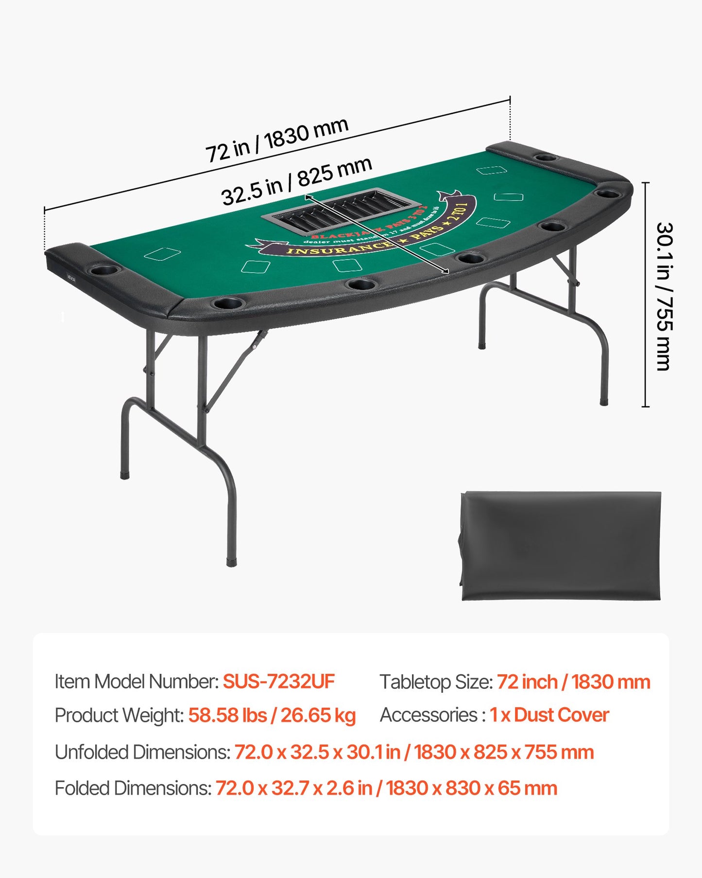 Foldable Poker Table, 7 Player 72 in Folding Casino Leisure Table with Padded Rails & Cup Holders, Semi-oval Portable Game Tables with Felt & Metal Legs, for Texas Hold'em Game and Blackjack