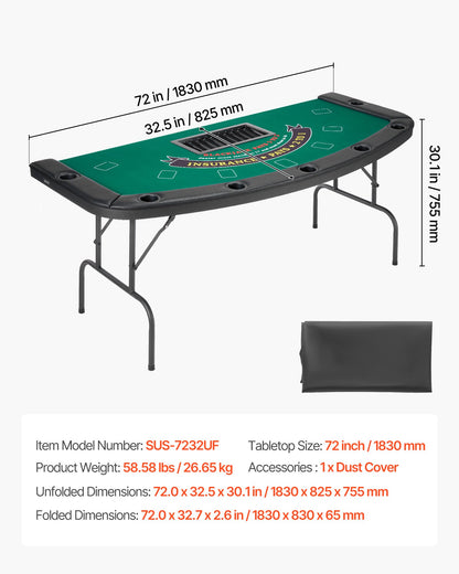 Foldable Poker Table, 7 Player 72 in Folding Casino Leisure Table with Padded Rails & Cup Holders, Semi-oval Portable Game Tables with Felt & Metal Legs, for Texas Hold'em Game and Blackjack