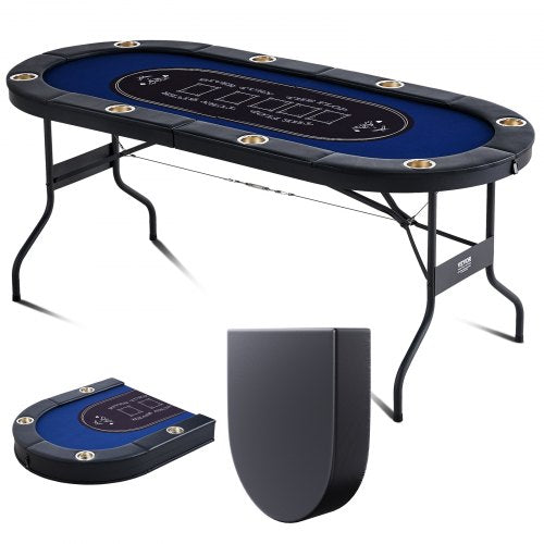 8 Player Foldable Poker Table, Blackjack Texas Holdem Poker Table with Padded Rails and Stainless Steel Cup Holders, Portable Folding Card Board Game Table, 72" Oval Casino Leisure Table, Blue