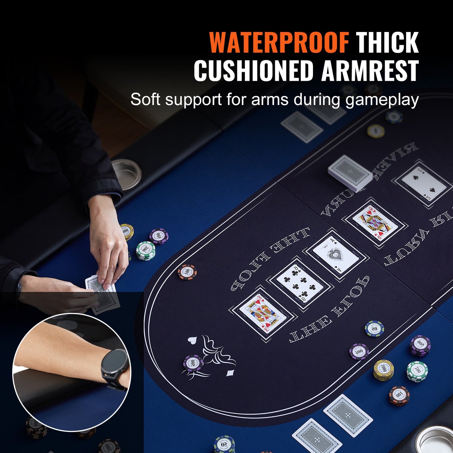 Klappbarer Pokertisch für 8 Spieler, Blackjack Texas Holdem Pokertisch mit gepolsterten Schienen und Getränkehalter aus Edelstahl, tragbarer klappbarer Kartenspieltisch, 183 cm ovaler Casino-Freizeittisch