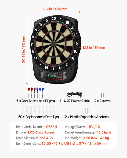 Electronic Dart Board, 13.5" Target Dartboard with 43 Games & 200+ Variations for Up to 8 Players, 6 Dart Shafts with Flights & 50 Soft Tips, Color LCD Scoring Screen for Home Party Game Rooms