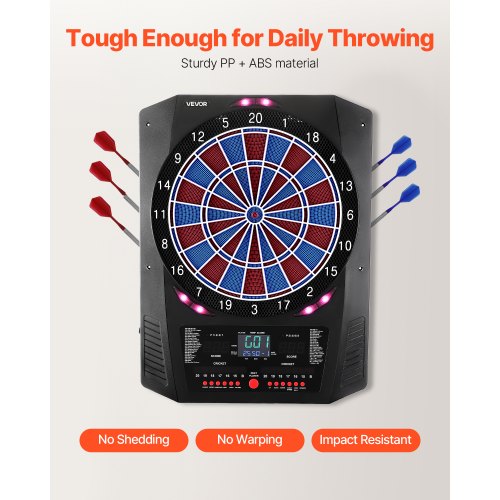 elektronisk darttavla, 336 mm måldarttavla med 45 spel och 474 varianter för upp till 8 spelare, 6 dartskaft med flights och 50 mjuka spetsar, färgad LED-cricketpoängskärm för hemmafestbaren |  EU