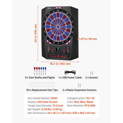 elektronisk darttavla, 336 mm måldarttavla med 45 spel och 474 varianter för upp till 8 spelare, 6 dartskaft med flights och 50 mjuka spetsar, färgad LED-cricketpoängskärm för hemmafestbaren |  EU