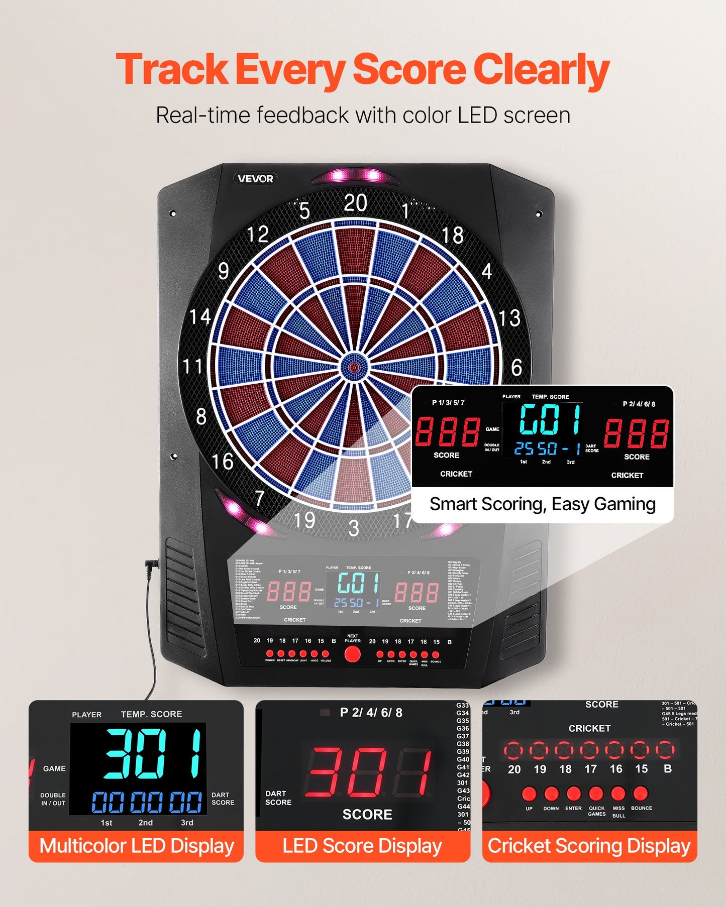Electronic Dart Board, 13.5" Target Dartboard with 45 Games & 474 Variations for Up to 8 Players, 6 Dart Shafts with Flights & 50 Soft Tips, Color LED Cricket Scoring Screen for Home Party Bar