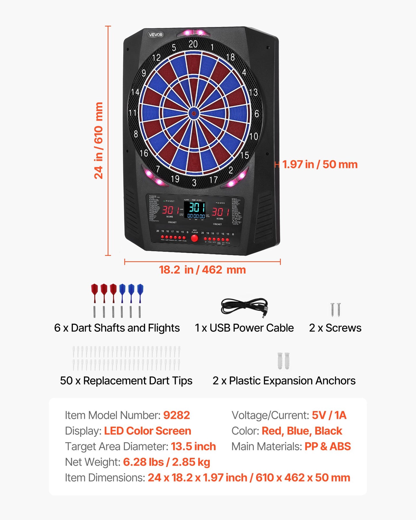 Electronic Dart Board, 13.5" Target Dartboard with 45 Games & 474 Variations for Up to 8 Players, 6 Dart Shafts with Flights & 50 Soft Tips, Color LED Cricket Scoring Screen for Home Party Bar